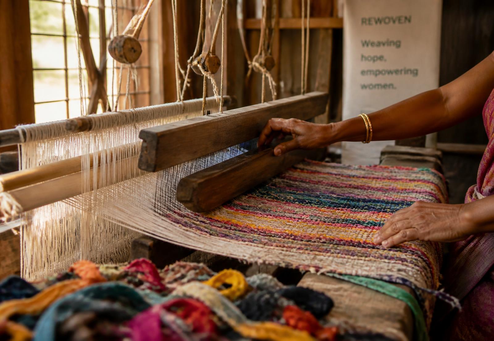 Hands weaving strips of recycled sari fabric into a colourful rug on a wooden handloom